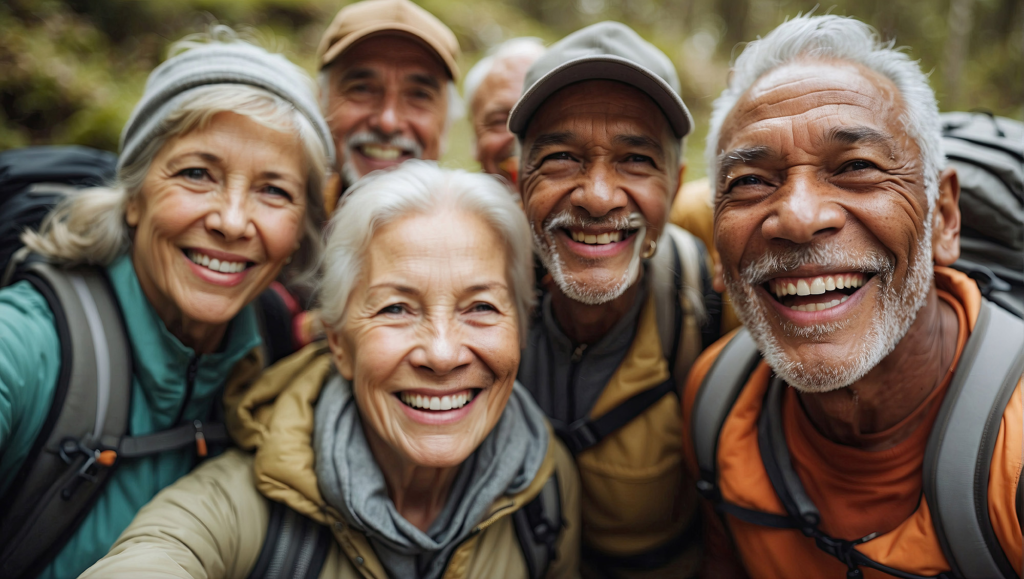 A group of people with backpacks smiling into the camera