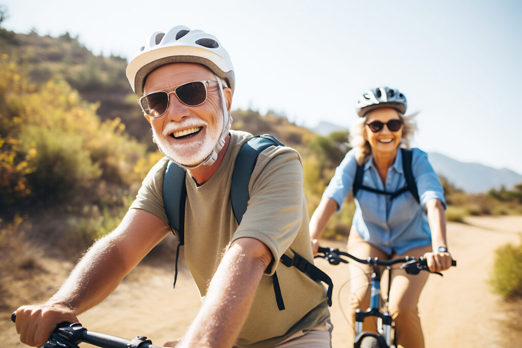 Man and woman riding mountain bikes on a trail