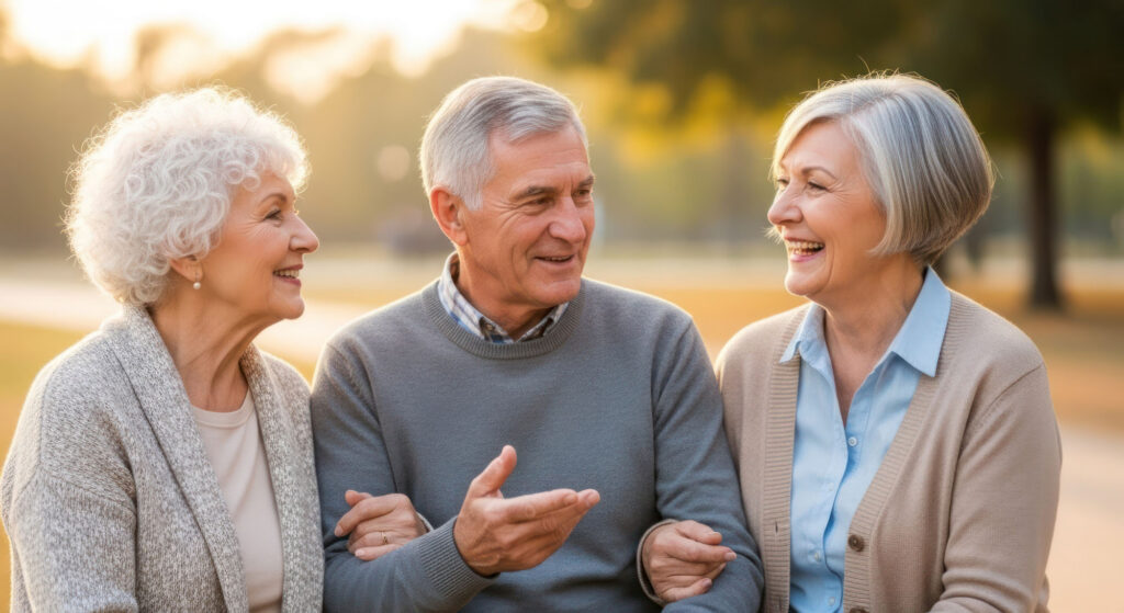 Three older people laughing and talking